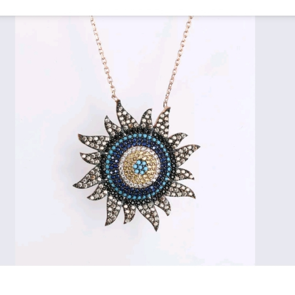 Evil eye sun burst gold necklace sapphire & topaz